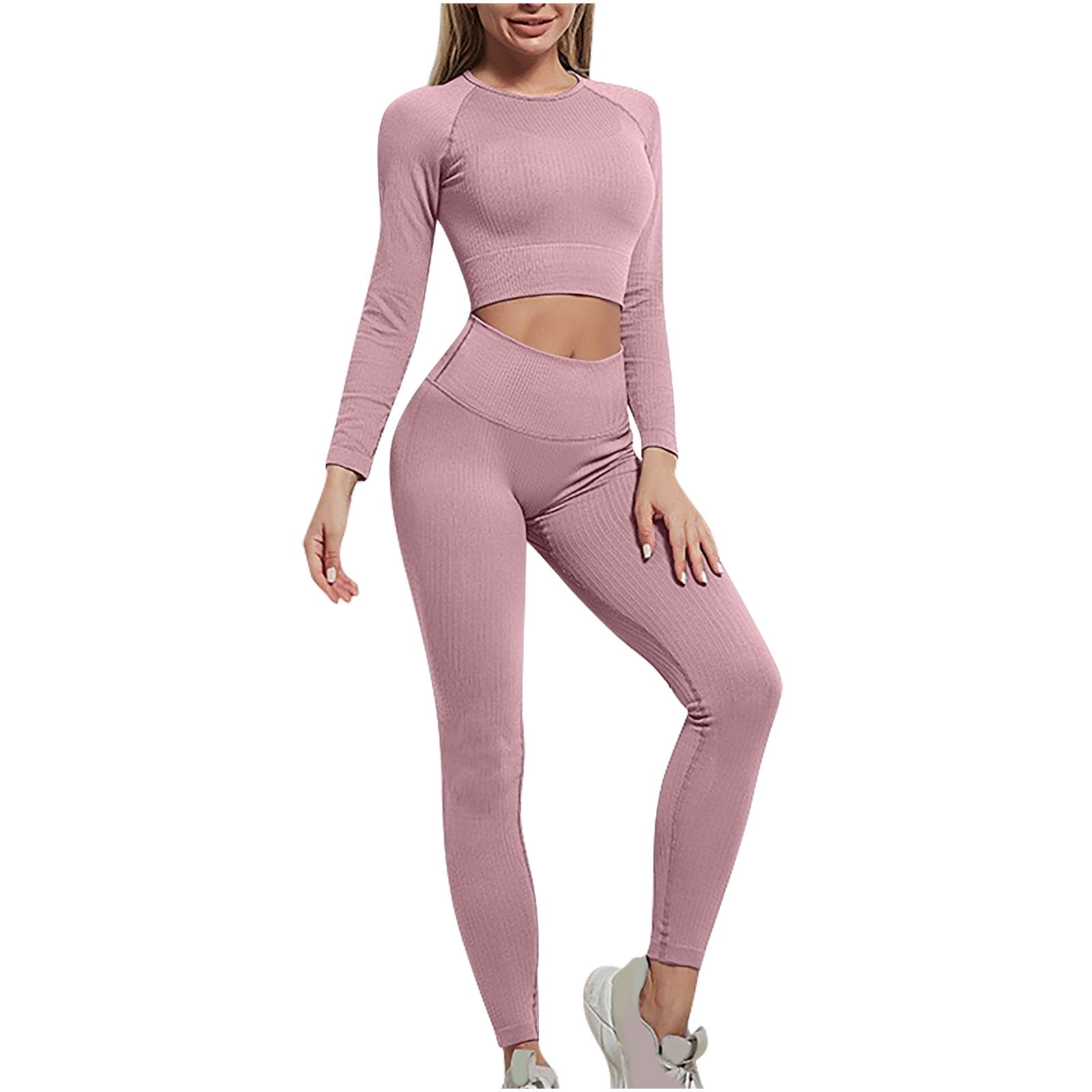 Lenpel Workout Sets for Women 2 Piece Long Sleeve Crew Neck Crop
