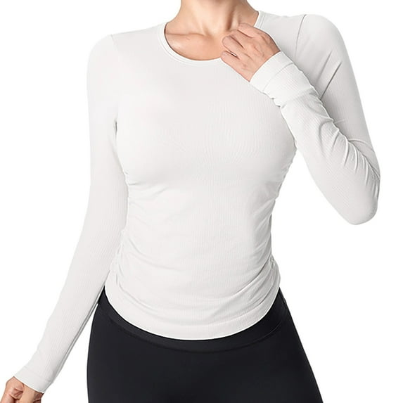 Lenpel Workout Tops for Women Long Sleeve Crew Neck Built in Bra Ruched Curved Hem Slim Cropped Yoga Tees Running Athletic Shirts(White,Small)