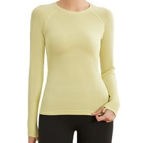 Lenpel Workout Tops for Women Long Sleeve Crew Neck Textured Slim Breathable Athletic Shirts Running Yoga Tees with Thumb Holes(Yellow,X-Large)