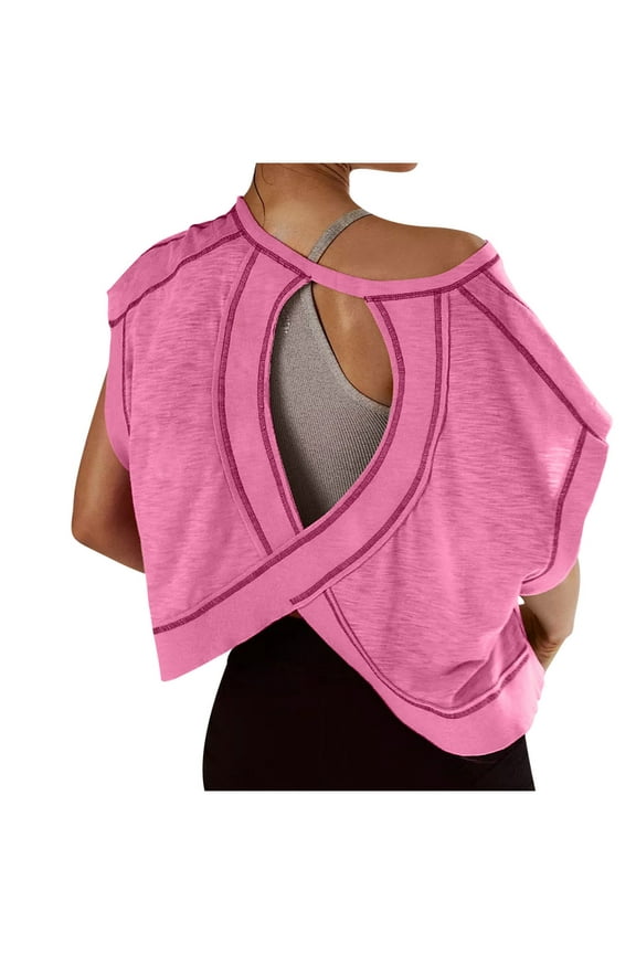 Workout Tops for Women Short Sleeve Crew Neck Open Back Crop Tops Casual Athletic T-Shirts Loose Running Yoga Tees