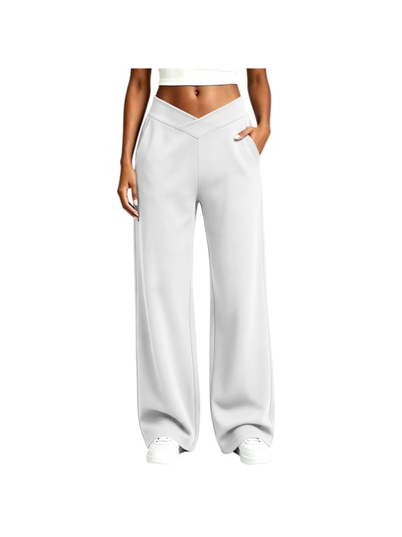 Yoga Pants for Women Wrap Elastic Waist Wide Leg Trousers with Pockets Solid Color Stretch Baggy Trousers(White,XX-Large)