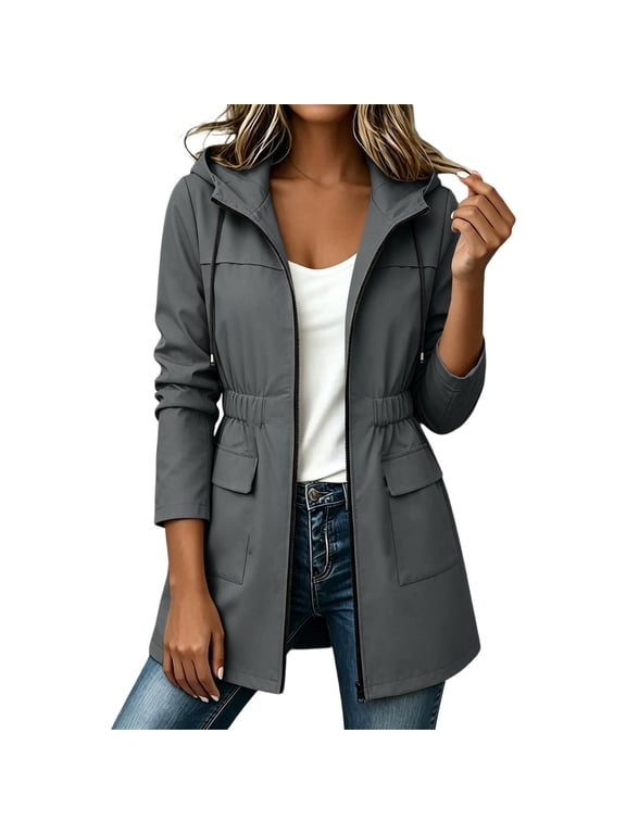 Zip up Hooded Jackets for Women Trendy Drawstring Long Sleeve Coats with Pockets Casual Loose Tunic Windbreaker Jackets(Dark Gray,Medium)