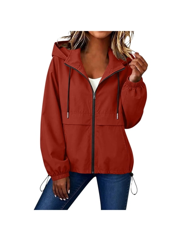 Zip up Hooded Shacket for Women Fall Long Sleeve Trendy Drawstring Jackets Casual Loose Outerwear with Pockets(Red,XX-Large)