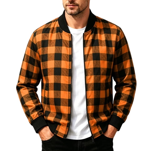 Lenpel Zip up Jackets for Men Plaid Stand Collar Sweatshirt Coats Casual Loose Long Sleeve Outerwear Tops Fall Outfits(Orange,Small)