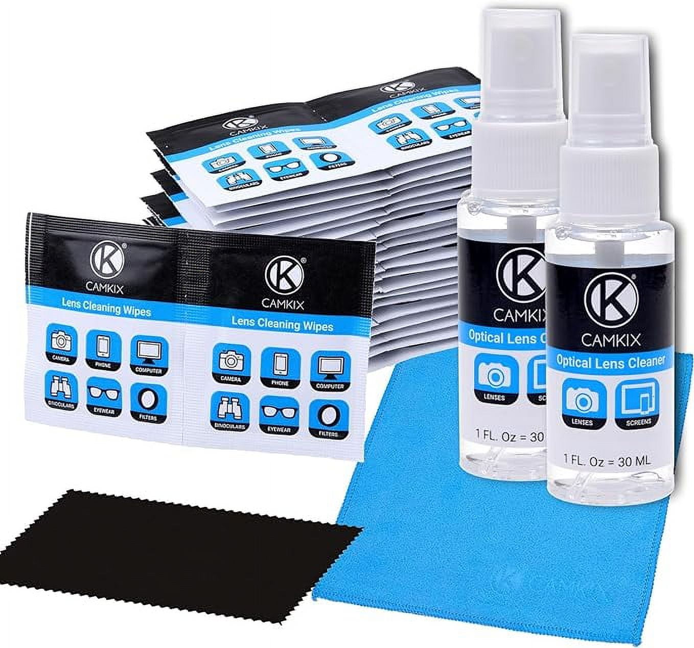 Lens and Screen Cleaning Kit - 2 Spray Bottles, 2 Microfiber Cloths (Size L + S), 50 Individually Wrapped Wet Tissues - for Eyeglasses, Sunglasses, Camera Lenses, Phone/Tablet Screens, etc.