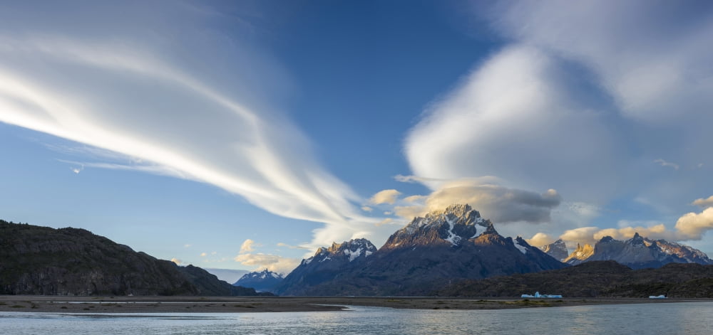 Lenticular clouds over mountain peaks Grey Lake Torres Del Paine National Park Chile Canvas Art - Panoramic Images (20 x 9)