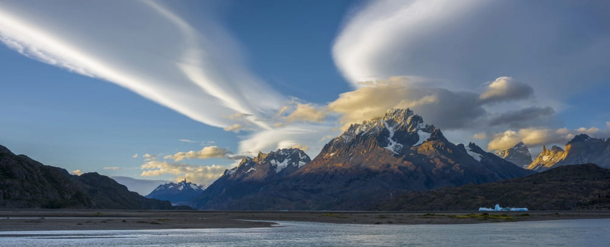 Lenticular clouds over mountain peaks Grey Lake Torres Del Paine National Park Chile Canvas Art - Panoramic Images (27 x 9)