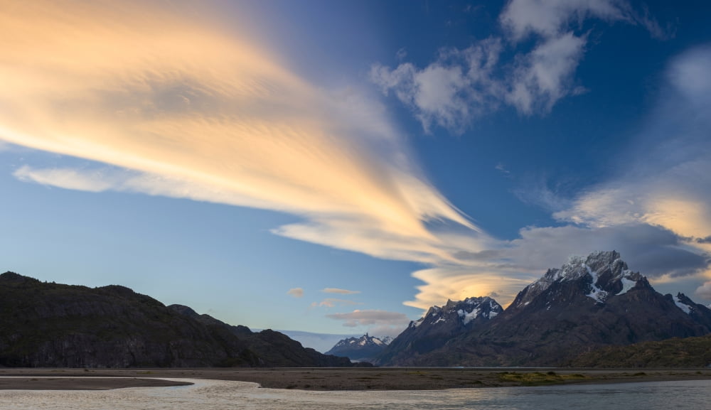Lenticular clouds over mountain peaks Grey Lake Torres Del Paine National Park Chile Canvas Art - Panoramic Images (40 x 24)