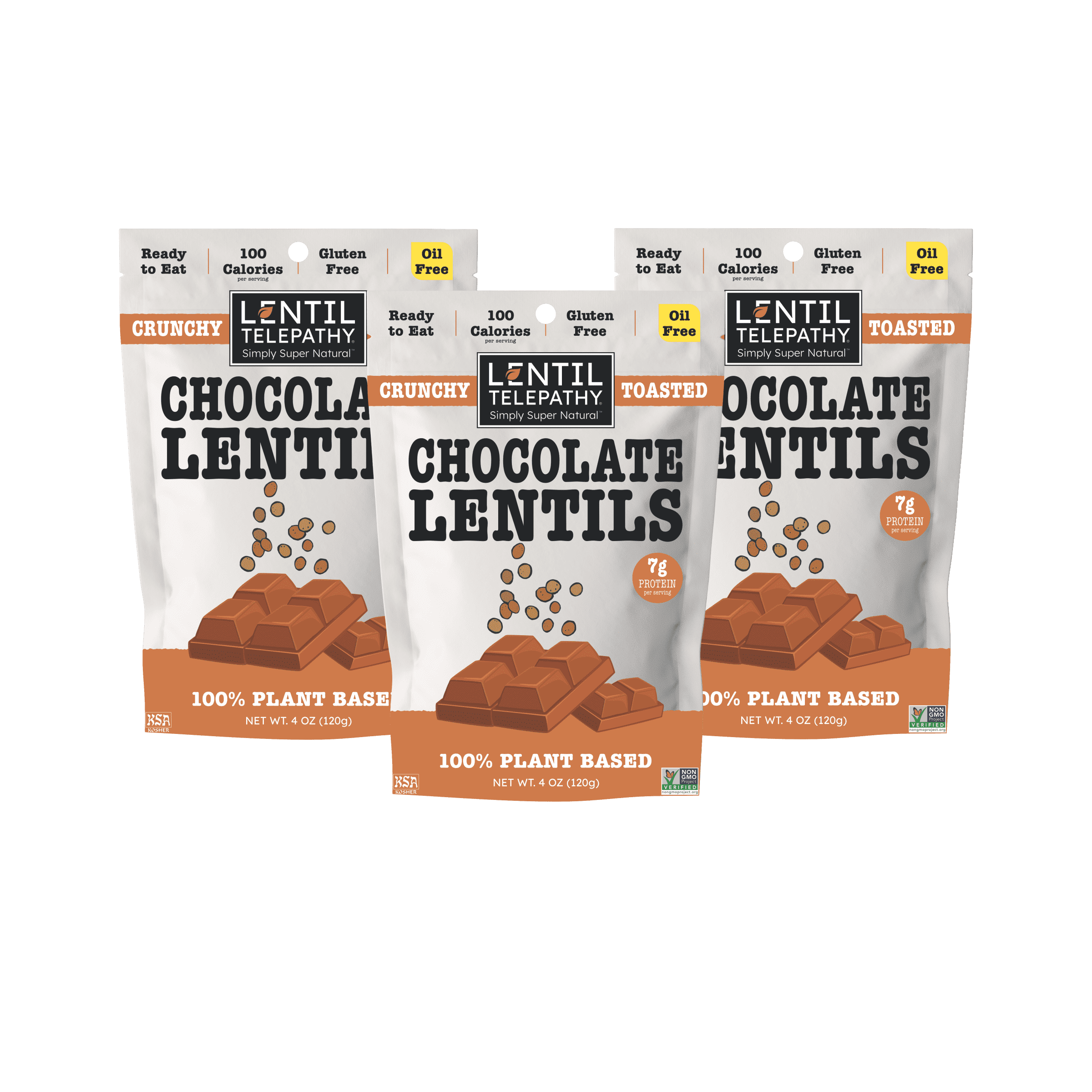 Lentil Telepathy Crunchy Toasted Snacks - Healthy Low Calorie Snacks, 100% Plant-Based Gluten Free Ready to Eat Straight from the Bag, Non-GMO, 4 Ounce Bags (W) (Chocolate3Pack)