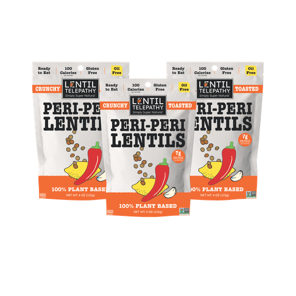 Lentil Telepathy Crunchy Toasted Snacks - Healthy Low Calorie Snacks, 100% Plant-Based Gluten Free Ready to Eat Straight from the Bag, Non-GMO, 4 Ounce Bags (W) (Peri-PeriChiliLemon3Pack)