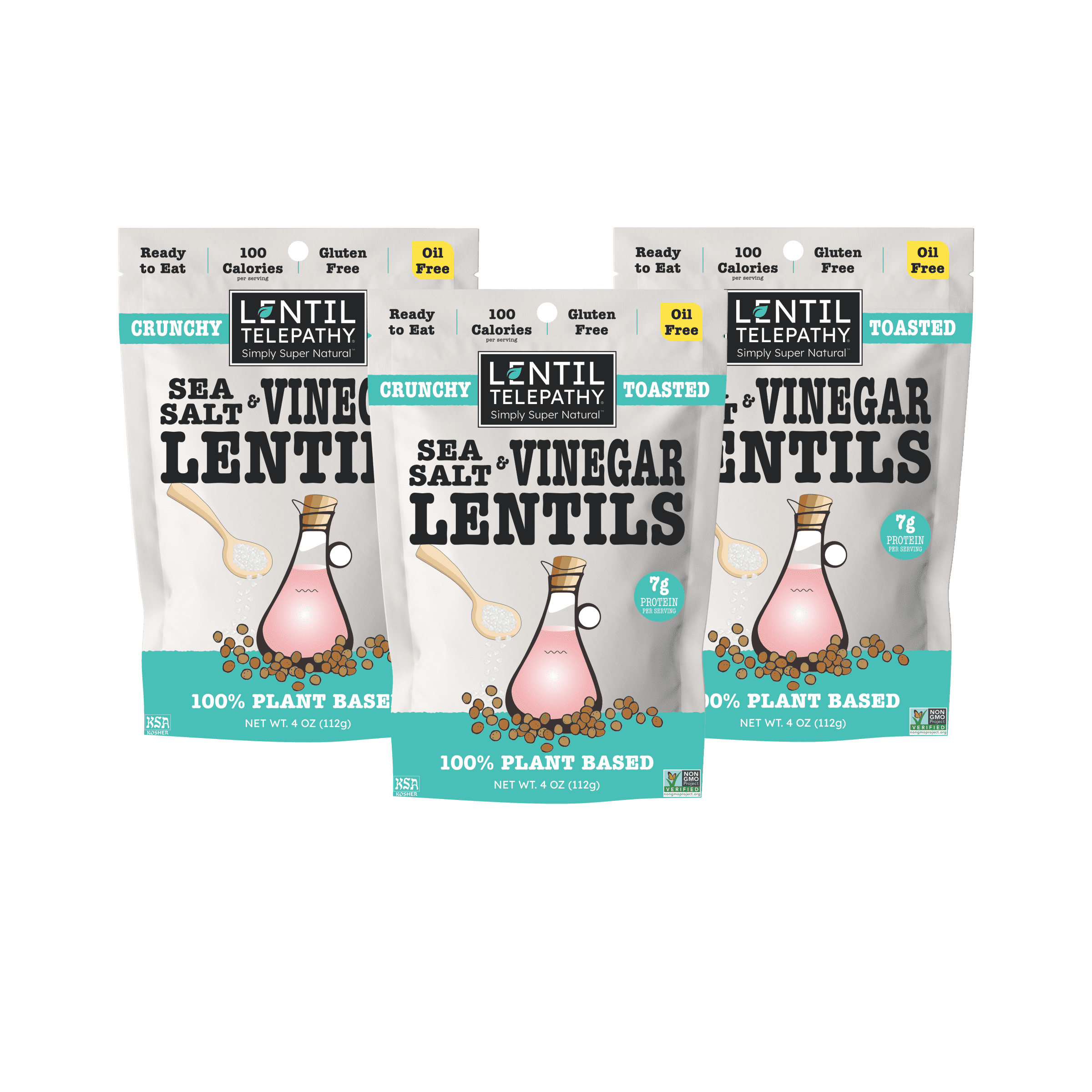 Lentil Telepathy Crunchy Toasted Snacks - Healthy Low Calorie Snacks, 100% Plant-Based Gluten Free Ready to Eat Straight from the Bag, Non-GMO, 4 Ounce Bags (Salt&Vinegar3Pack)