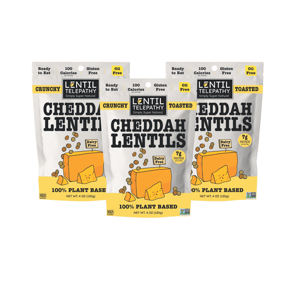 Lentil Telepathy Crunchy Toasted Snacks - Healthy Low Calorie Snacks, 100% Plant-Based Gluten Free Ready to Eat Straight from the Bag, Non-GMO, 4 Ounce Bags (W) (Cheddah3Pack)