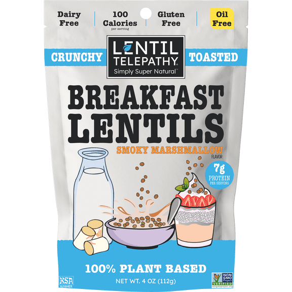 Lentil Telepathy Smoky Marshmallow Crunchy Toasted Breakfast Lentils & Dessert Topper Low Calorie, High Protein Lentil Snack 100% Plant-Based, Non-GMO, Oil Free