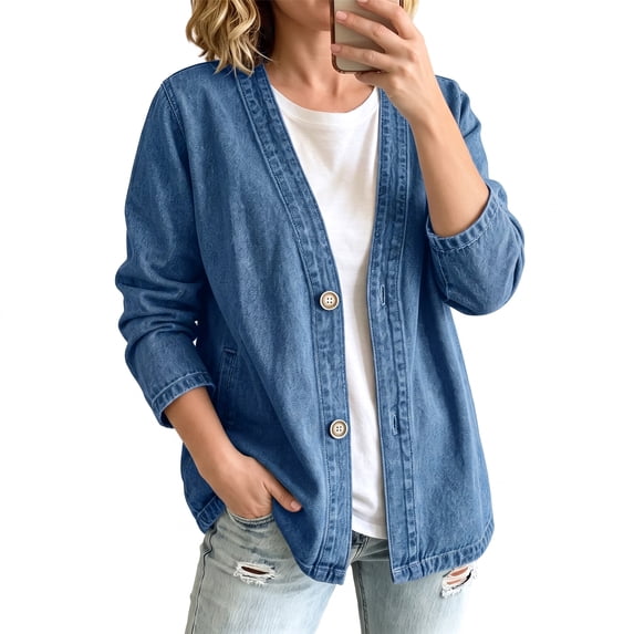 Lentta Denim Jackets for Women Oversized V Neck Button Front Jean Cardigan with Pockets