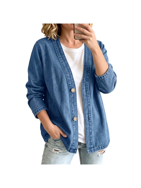 Denim Jackets for Women Oversized V Neck Button Front Jean Cardigan with Pockets