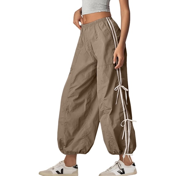 Lentta Parachute Pants for Women Elastic High Waist Full Twist Hiking Cargo Pants Trousers
