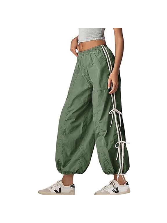 Parachute Pants for Women Elastic High Waist Full Twist Hiking Cargo Pants Trousers