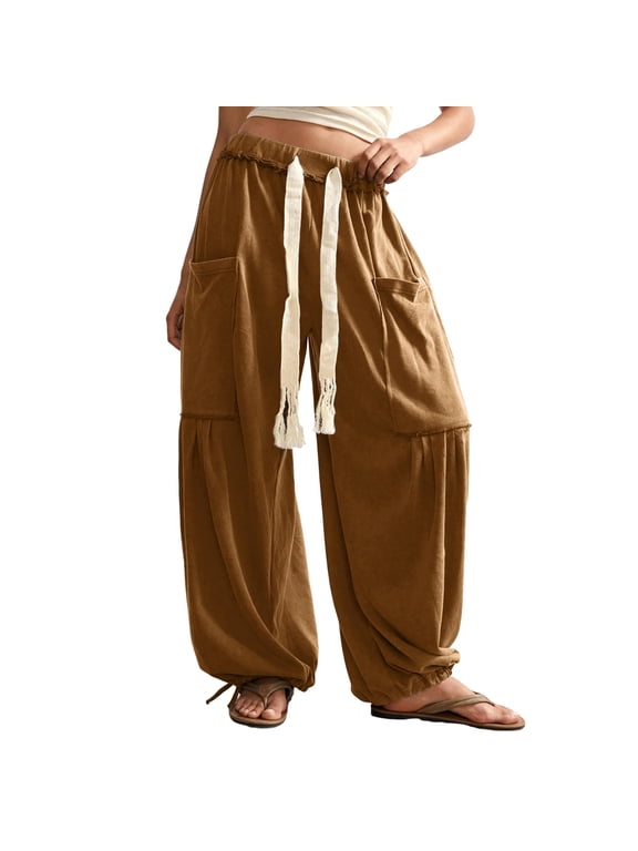 Women's Baggy Wide Leg Harem Pants Drawstring Boho Trousers with Pockets