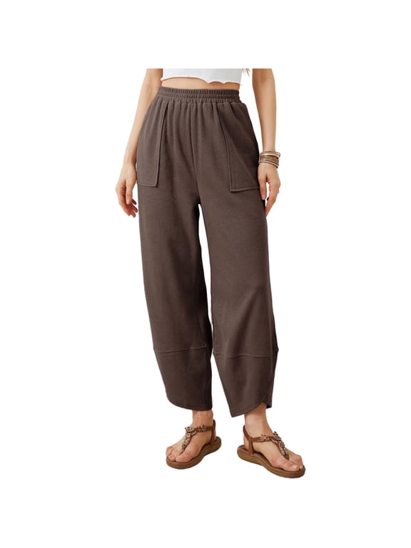 Womens Wide Leg Pants Baggy Cotton Blend Elastic Waist Lounge Trousers with Pockets