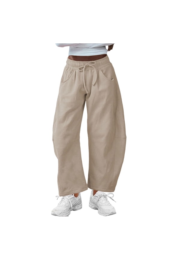 Women's Barrel Leg Sweatpant Drawstring Elastic Waisted Wide Leg Pants Casual Cotton Palazzo Trousers with Pockets