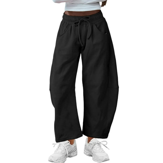Lentta Women's Barrel Leg Sweatpant Drawstring Elastic Waisted Wide Leg Pants Casual Cotton Palazzo Trousers with Pockets