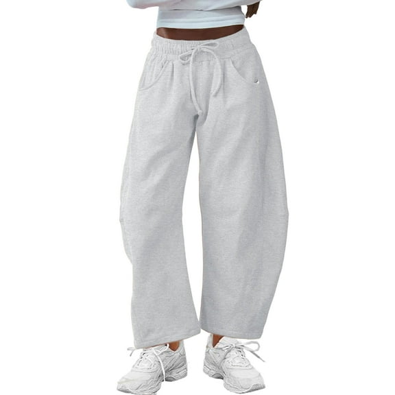 Lentta Women's Barrel Leg Sweatpant Drawstring Elastic Waisted Wide Leg Pants Casual Cotton Palazzo Trousers with Pockets