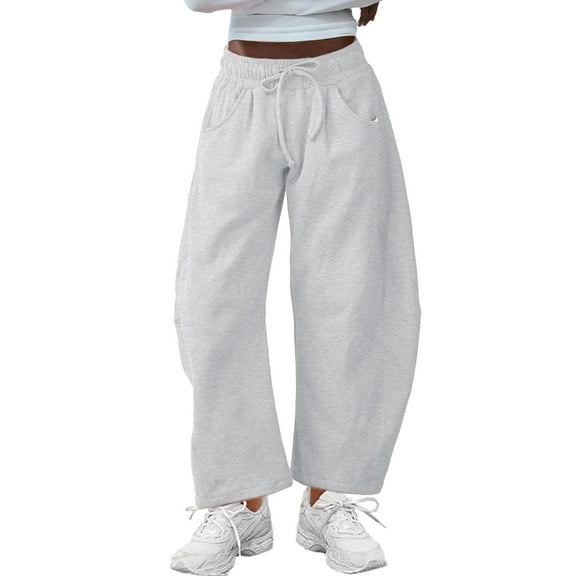 Lentta Women's Barrel Leg Sweatpant Drawstring Elastic Waisted Wide Leg Pants Casual Cotton Palazzo Trousers with Pockets