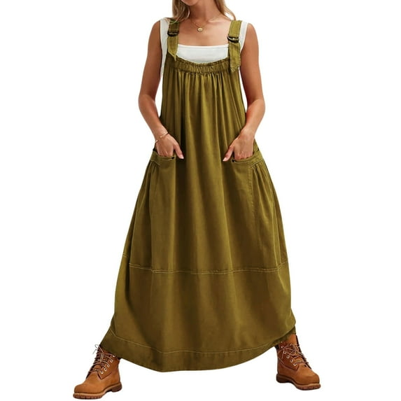 Lentta Women's Barrel Midi Dress Loose Adjutable Strap Big Pockets Maxi Dress Overall Jumpsuits