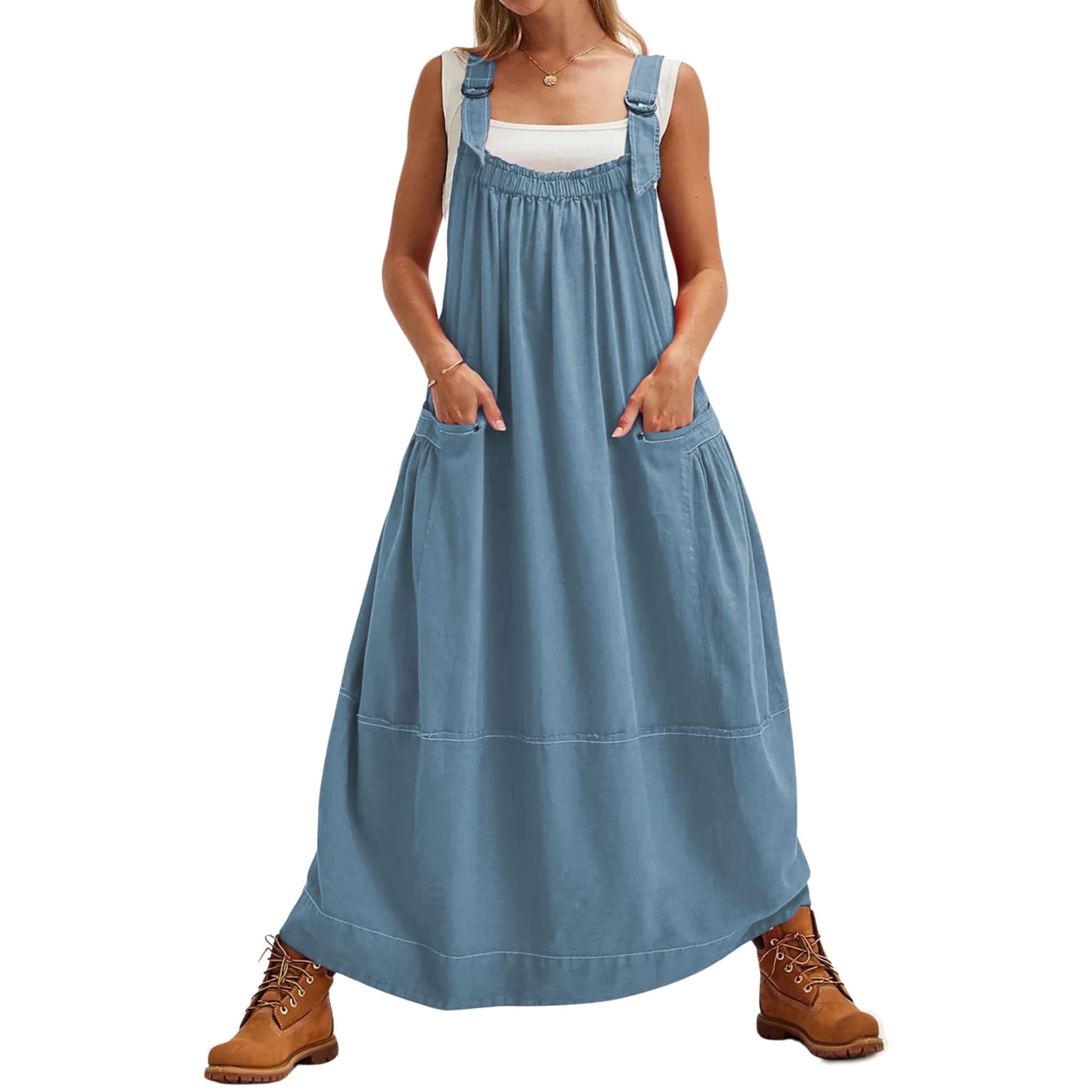 Lentta Women's Barrel Midi Dress Sleeveless Adjutable Strap Loose Fit Maxi  Sundress with Pockets