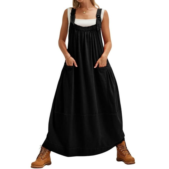 Lentta Women's Barrel Midi Dress Sleeveless Adjutable Strap Loose Fit Maxi Sundress with Pockets