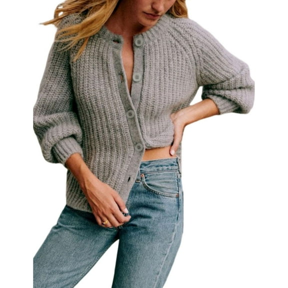 Lentta Women's Casual Long Sleeve Crewneck Button Down Cardigan Sweater Knit Outwear