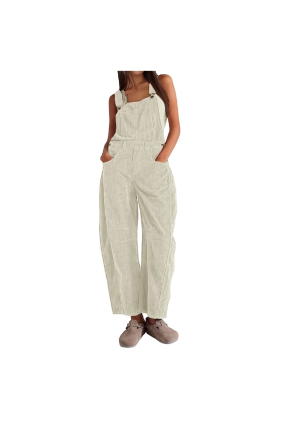 Women's Corduroy Overalls Wide Leg Bib Corduroy Barrel Pants Adjustable Romper Jumpsuit with Pockets