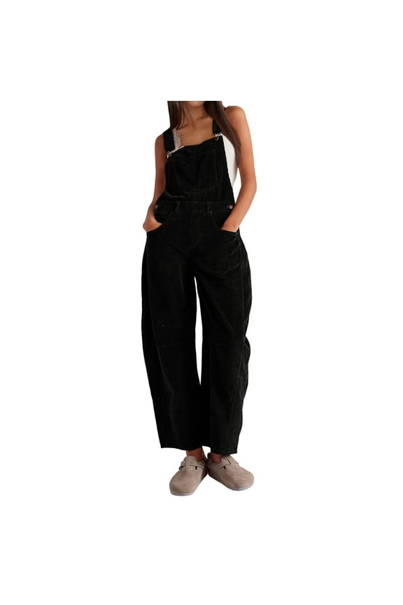 Women's Corduroy Overalls Wide Leg Bib Corduroy Barrel Pants Adjustable Romper Jumpsuit with Pockets