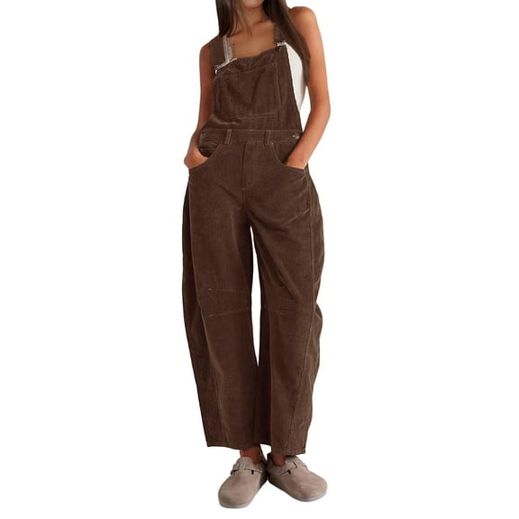 Lentta Women's Corduroy Overalls Wide Leg Bib Corduroy Barrel Pants Adjustable Romper Jumpsuit with Pockets