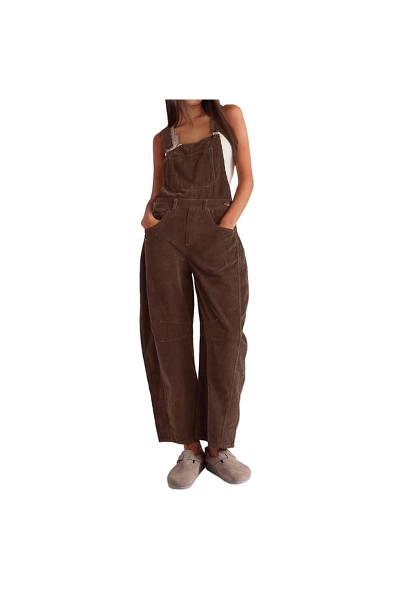 Women's Corduroy Overalls Wide Leg Bib Corduroy Barrel Pants Adjustable Romper Jumpsuit with Pockets