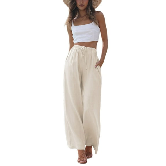 Lentta Women's Cotton Linen Wide Leg Palazzo Pants – Flowy Beach Trousers with Pockets, High Waist, Elastic Waistband, Lightweight & Breathable for Summer Fashion