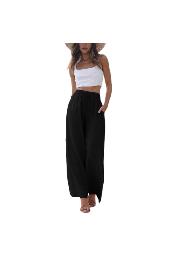 Women's Cotton Linen Wide Leg Palazzo Pants – Flowy Beach Trousers with Pockets, High Waist, Elastic Waistband, Lightweight & Breathable for Summer Fashion
