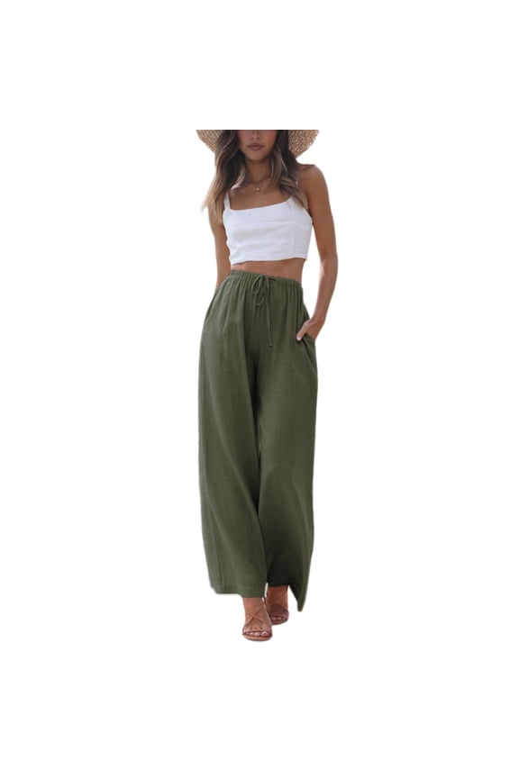 Women's Cotton Linen Wide Leg Palazzo Pants – Flowy Beach Trousers with Pockets, High Waist, Elastic Waistband, Lightweight & Breathable for Summer Fashion