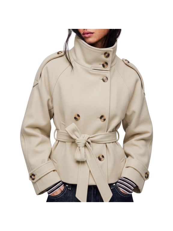 Women's Cropped Pea Coat Stand Collar Belted Double Breasted Fall Winter Outerwear