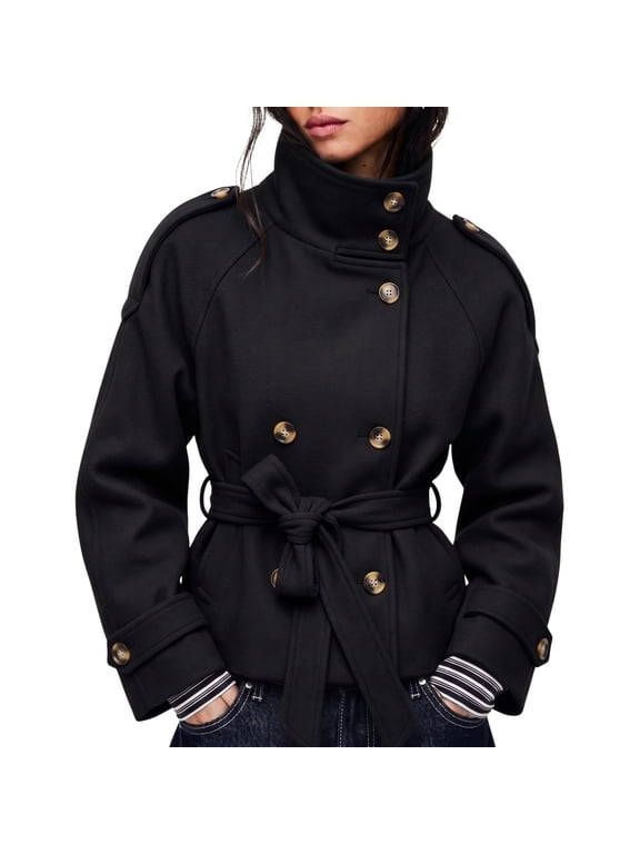 Women's Cropped Pea Coat Stand Collar Belted Double Breasted Fall Winter Outerwear