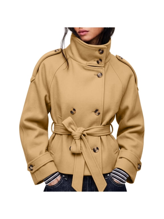 Women's Cropped Pea Coat Stand Collar Belted Double Breasted Fall Winter Outerwear