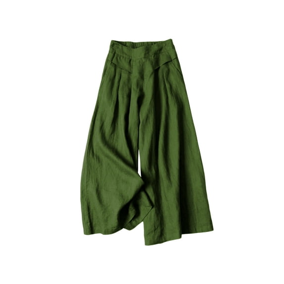 Lentta Women's Culottes Linen Cropped Wide Leg Pants Elastic Waist Casual Palazzo Trousers with Pockets (ArmyGreen-L)