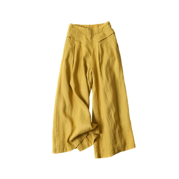 Lentta Women's Culottes Linen Cropped Wide Leg Pants Elastic Waist Casual Palazzo Trousers with Pockets (Yellow-L)