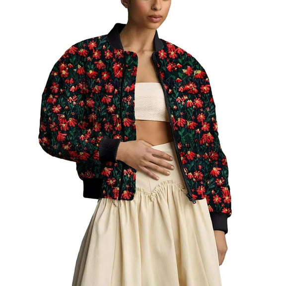 Lentta Women's Embroidered Daisy Cropped Bomber Jacket Quilted Puffer Jackets Padded Coat