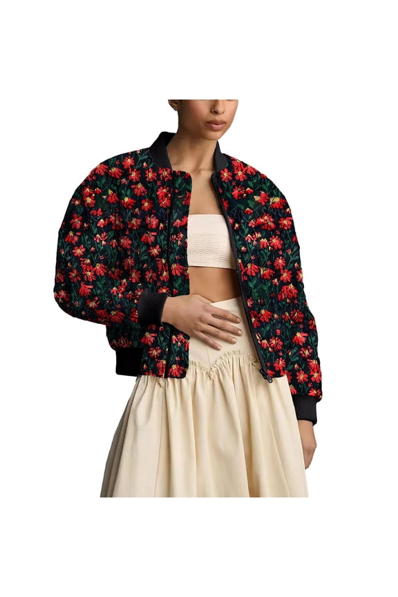 Women's Embroidered Daisy Cropped Bomber Jacket Quilted Puffer Jackets Padded Coat