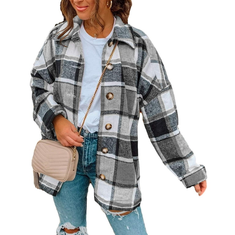 Lentta Women s Fall Color Block Plaid Flannel Shacket Jacket Button Down Shirt Coat Tops Grey XL