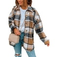 thumbnail image 1 of Lentta Women's Fall Color Block Plaid Flannel Shacket Jacket Button Down Shirt Coat Tops (Khaki-L), 1 of 4