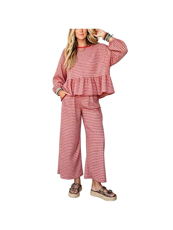 Women's Gingham 2 Piece Lounge Set Matching Wide Leg Pants Outfit with Pockets