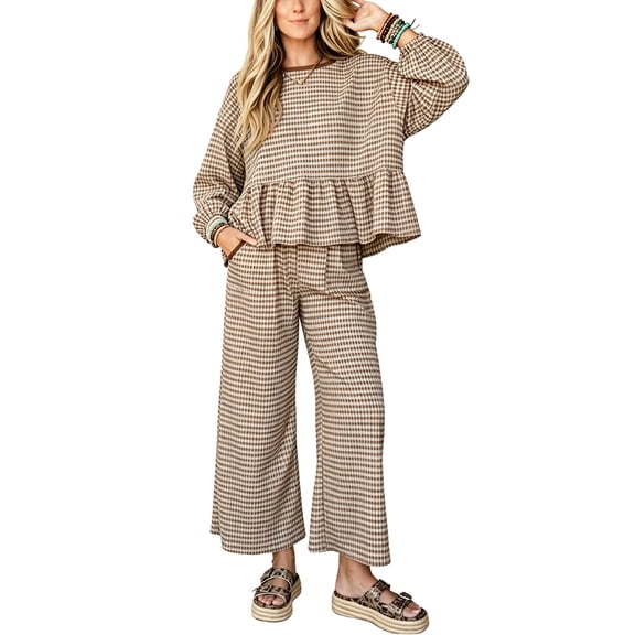 Lentta Women's Gingham 2 Piece Lounge Set Matching Wide Leg Pants Outfit with Pockets