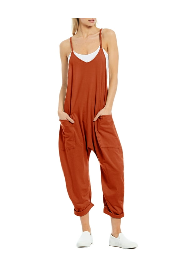Women's Loose V Neck Harem Jumpsuits Sleeveless Spaghetti Strap Baggy Overalls with Pocket (Rust-XXL)